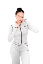 Load image into Gallery viewer, Black Contrast On Heather Grey Women Zip-Up Longsleeve