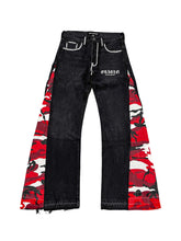 Load image into Gallery viewer, OE Red Camou Iced Out Flared Jeans
