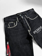 Load image into Gallery viewer, OE Red Camou Iced Out Flared Jeans
